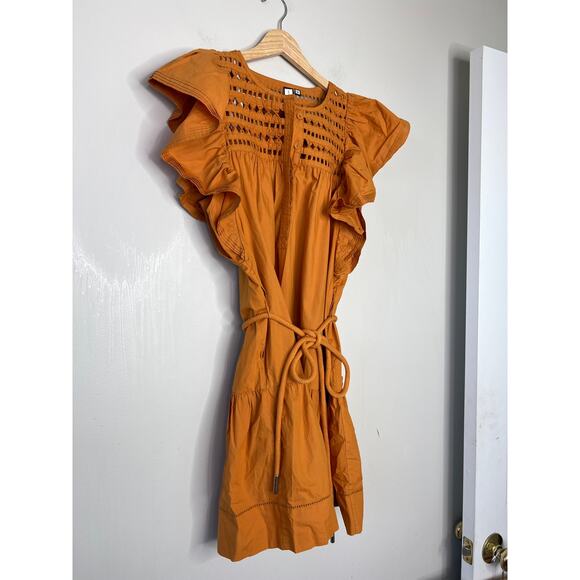 NEW Scarlett Poppies Belted Origami Yoke Tiered Ishrant Mini Dress Orange XS - Picture 3 of 7